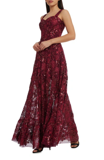 Dress The Population Women's Anabel Red Sequin Fit And Flare Gown In Port