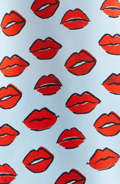 Shop Alice And Olivia Willa Lip Print Piped Silk Shirt In Kiss Kiss Blue