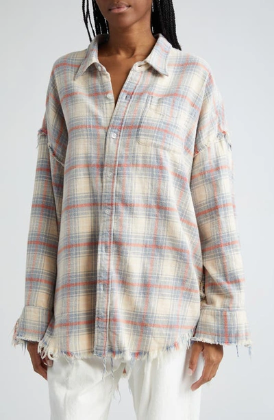 Shop R13 Shredded Seam Drop Neck Oversize Plaid Cotton Button-up Shirt In Irregular Bleach