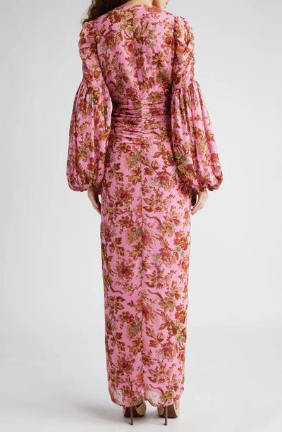Shop Bytimo Golden Floral Long Sleeve Georgette Maxi Dress In Pink Wallpaper