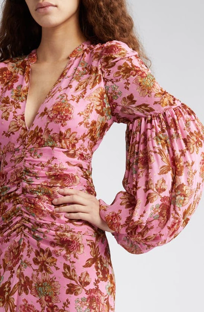 Shop Bytimo Golden Floral Long Sleeve Georgette Maxi Dress In Pink Wallpaper