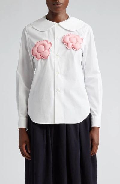 Shop Comme Des Garcons Girl Floral Appliqué Cotton Broadcloth Button-up Shirt In White X Pink