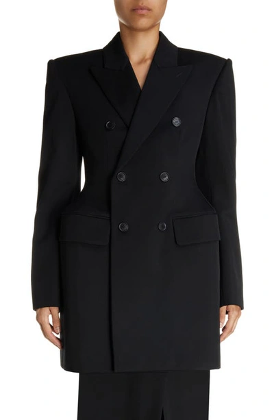 Shop Balenciaga Clinched Hourglass Double Breasted Wool Gabardine Blazer In Black