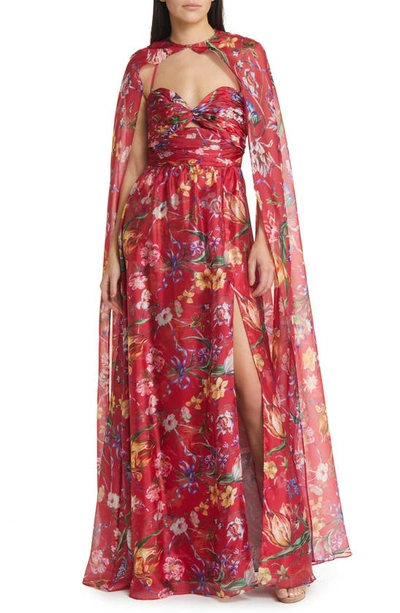 Shop Marchesa Notte Floral Print Cape Gown In Fuchsia