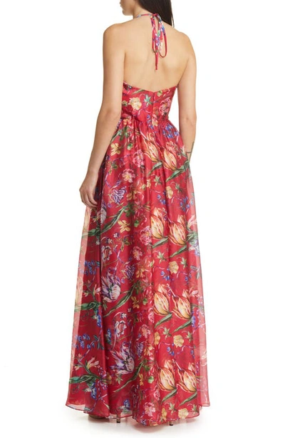 Marchesa Notte Cutout Floral-print Sweetheart Cape Gown In Fuchsia