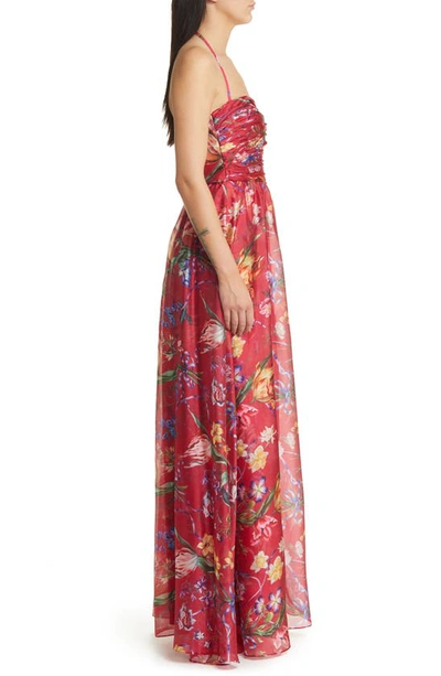 Marchesa Notte Cutout Floral-print Sweetheart Cape Gown In Fuchsia