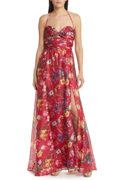 Marchesa Notte Cutout Floral-print Sweetheart Cape Gown In Fuchsia