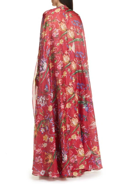 Marchesa Notte Cutout Floral-print Sweetheart Cape Gown In Fuchsia