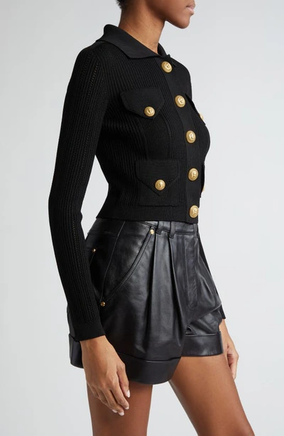 Balmain Ribbed Texture Knit Cardigan With Gold Buttons In Black