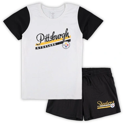 Concepts Sport Women's  White, Black Pittsburgh Steelers Plus Size Downfield T-shirt And Shorts Sleep In White