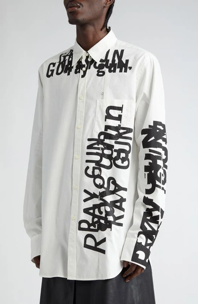 Shop Takahiromiyashita The Soloist Ray Gun Graphic High-low Cotton & Silk Button-up Shirt In White