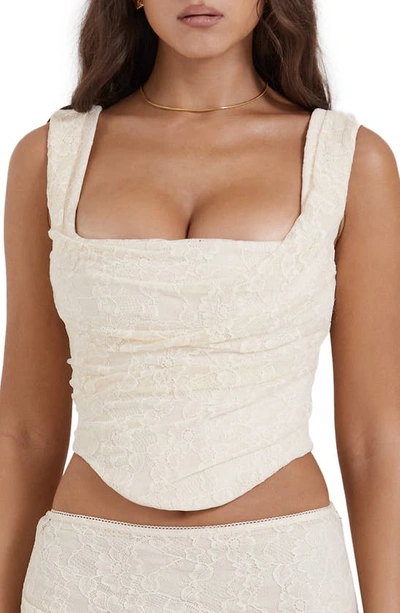 Shop House Of Cb Una Floral Cowl Neck Lace-up Corset Top In Vintage Cream
