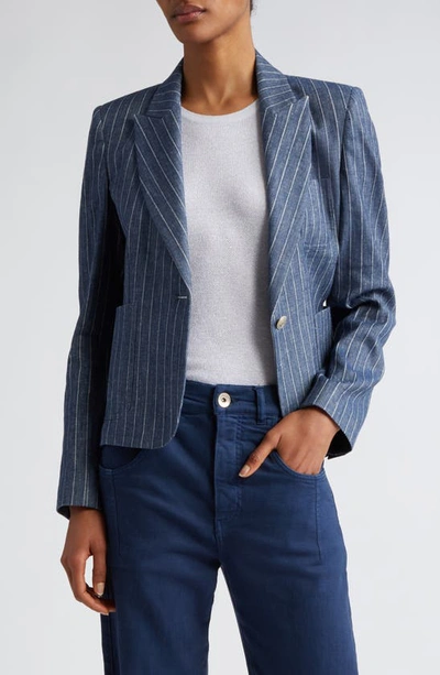 Shop Eleventy Pinstripe Crop Linen & Cotton Blend Blazer In Blue