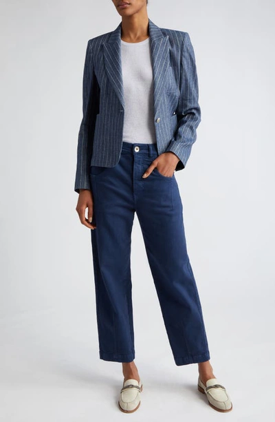 Shop Eleventy Pinstripe Crop Linen & Cotton Blend Blazer In Blue