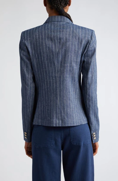 Shop Eleventy Pinstripe Crop Linen & Cotton Blend Blazer In Blue