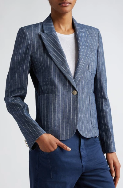 Shop Eleventy Pinstripe Crop Linen & Cotton Blend Blazer In Blue