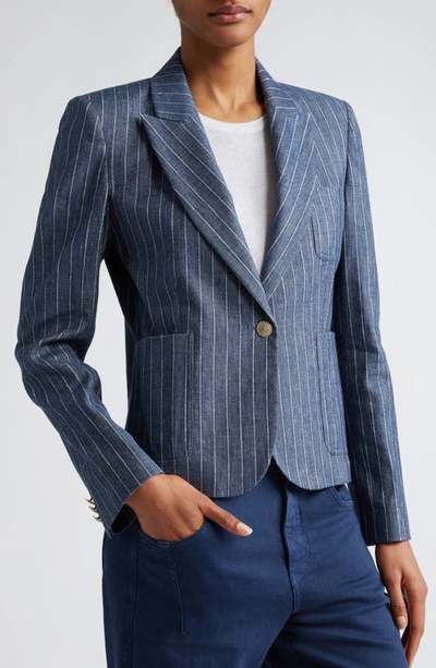 Eleventy Pinstripe Crop Linen & Cotton Blend Blazer In Blue