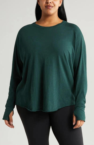 Shop Zella Relaxed Washed Cotton Long Sleeve T-shirt In Green Park