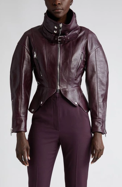 Shop Alexander Mcqueen Cocoon Sleeve Leather Biker Jacket In Night Shade