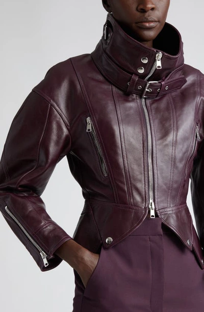 Shop Alexander Mcqueen Cocoon Sleeve Leather Biker Jacket In Night Shade