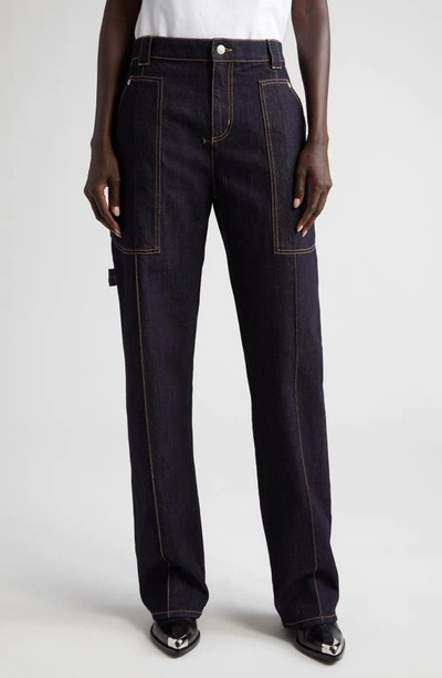 Shop Alexander Mcqueen Topstitch Detail High Waist Straight Leg Jeans In Denim