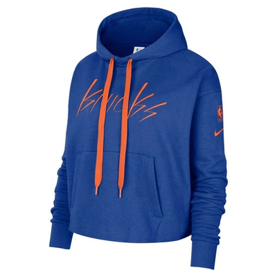 Shop Nike Blue New York Knicks Split Flip Courtside Cropped Pullover Hoodie