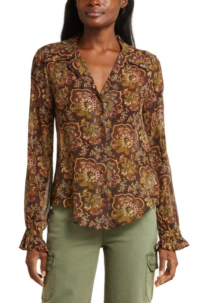 Shop Paige Ellyn Floral Silk Button-up Blouse In Black/ Brown