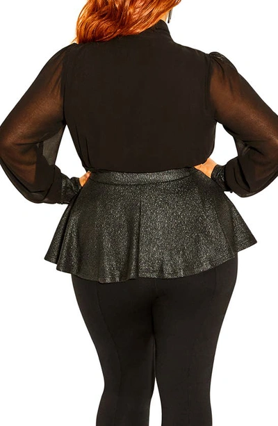 City Chic Night Sky Tie Neck Sequin Peplum Blouse In Black