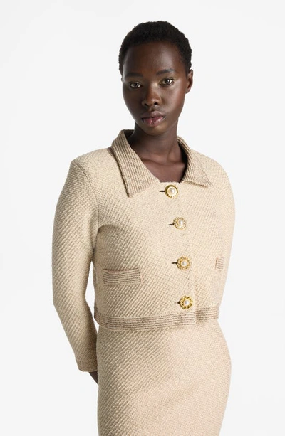 St John Paillette Twill Bracelet-sleeve Crop Jacket In Light Beige Multi