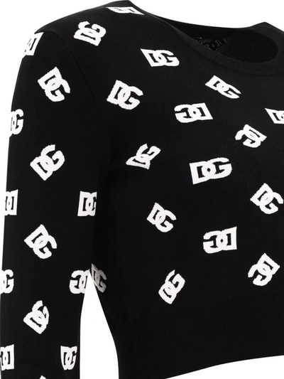 Shop Dolce & Gabbana Cropped Viscose Jacquard Sweater With Dg Logo In Black