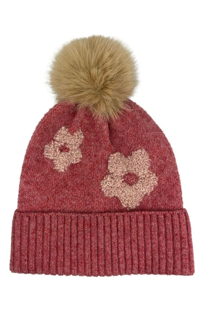 Marcus Adler Flower Faux Fur Pompom Beanie In Pink
