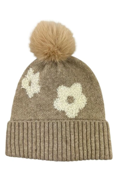 Marcus Adler Flower Faux Fur Pompom Beanie In Camel