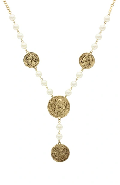 Shop Olivia Welles Angeline Coin & Imitation Pearl Necklace In Gold / Cream