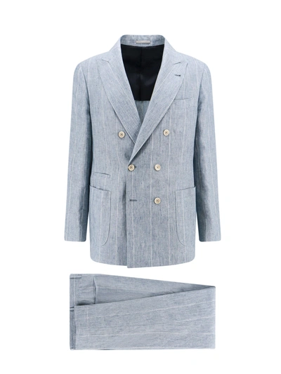 Shop Brunello Cucinelli Linen Suit With Striped Motif