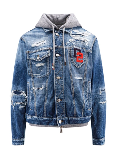 Shop Dsquared2 Denim Jacket With Ripped Effect And Frontal Patch