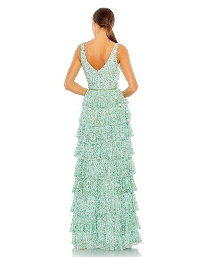 Shop Mac Duggal Ruffle Tiered Sleeve Gown In Mint