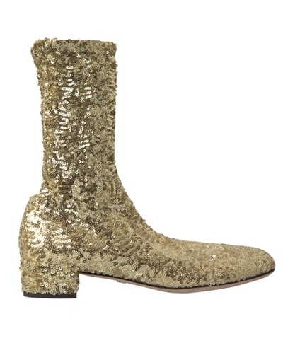 Shop Dolce & Gabbana Gold Sequined Short Boots Stretch Women's Shoes