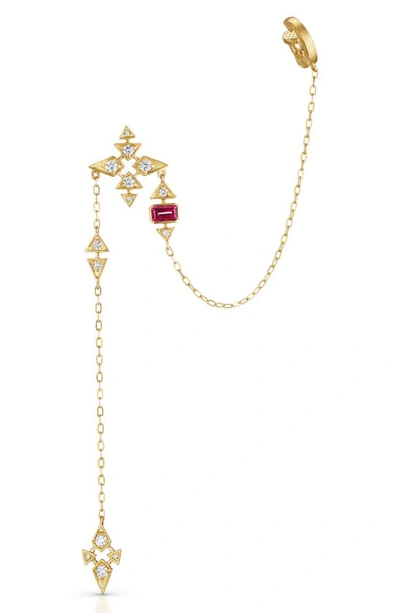 Shop Hueb Onsa Diamond & Raspberry Rhodolite Chain Right Ear Cuff In Yellow Gold