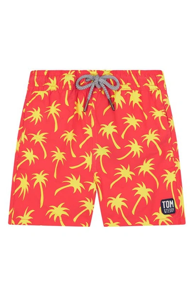 Shop Tom & Teddy Kids' Palm Tree Print Swim Trunks In Coral & Lime