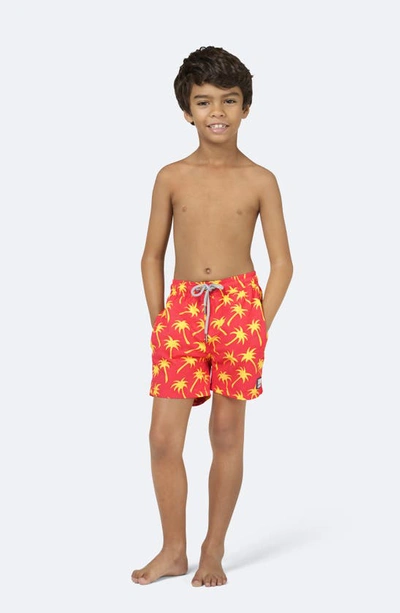 Shop Tom & Teddy Kids' Palm Tree Print Swim Trunks In Coral & Lime