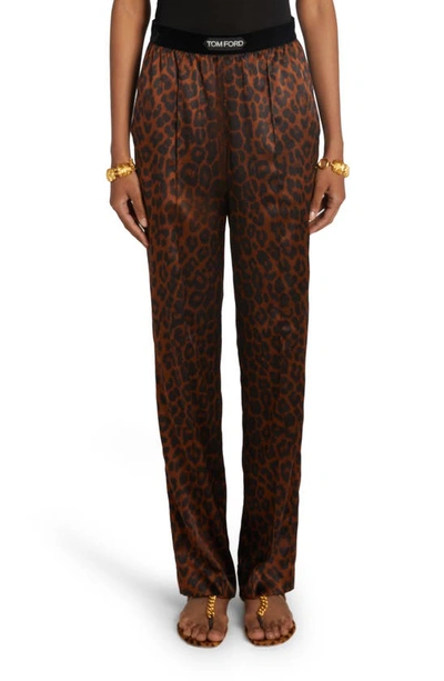 Tom Ford Jacquard-trimmed Leopard-print Silk-blend Satin Wide-leg Pants In Dark Brown