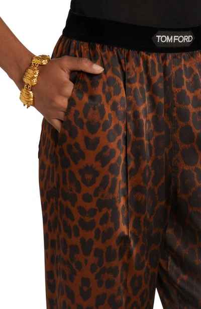 Shop Tom Ford Reflected Leopard Print Stretch Silk Pajama Pants In Dark Brown