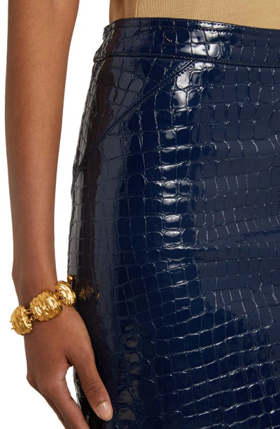 Shop Tom Ford Croc Embossed Goatskin Leather Skirt In Deep Blue