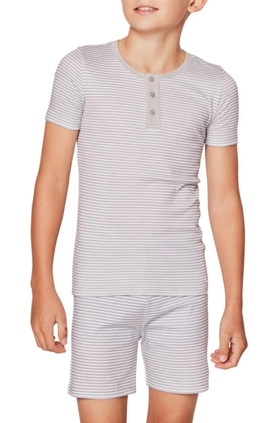 Petite Plume Kids' Stripe Fitted Two-piece Pima Cotton Short Pajamas In Grey