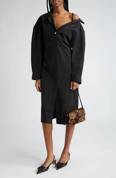 Shop Jacquemus La Robe Chemise Long Sleeve Asymmetric Cotton Poplin Shirtdress In Black