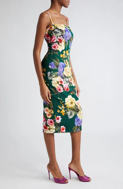 Shop Dolce & Gabbana Floral Print Charmeuse Sheath Dress In Hv4ybgiardino Fdo Verde