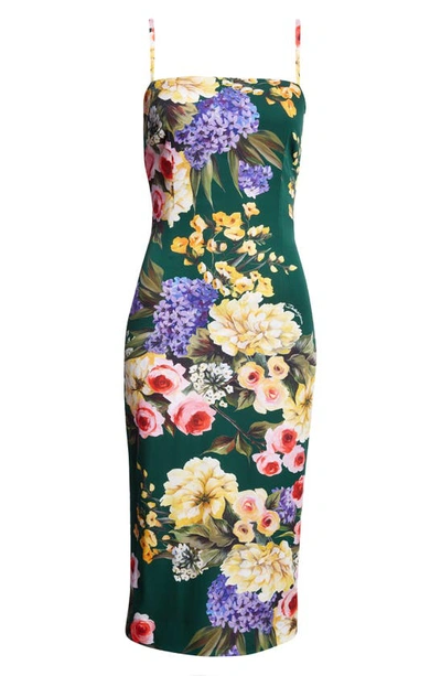 Shop Dolce & Gabbana Floral Print Charmeuse Sheath Dress In Hv4ybgiardino Fdo Verde