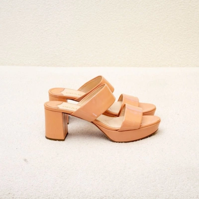 Pre-owned Prada Peach Patent Leather Two Strap Chunky Heel Sandal Heels, 38.5