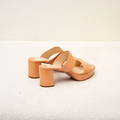 Pre-owned Prada Peach Patent Leather Two Strap Chunky Heel Sandal Heels, 38.5