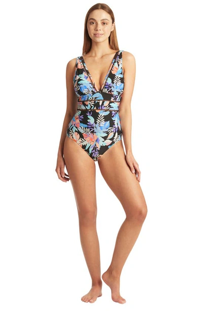 Shop Sea Level Floral Print Spliced One-piece Swimsuit In Black